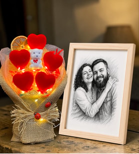 Kişiye Özel Karakalem Fotoğraflı Ahşap Çerçeve ve Led Işıklı Kırmızı Kalp Buketi Hediye Seti