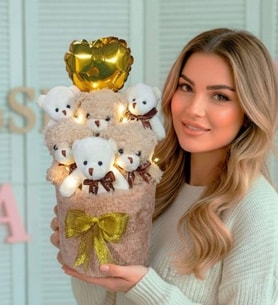 Sevgiliye Deluxe Krem Peluş Silindir Kutuda, LED Işıklı Kalpli Balonlu 6’lı Boz Ayıcık Buketi - Arkadaşa Hediye