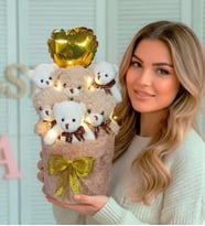 Sevgiliye Deluxe Krem Peluş Silindir Kutuda, LED Işıklı Kalpli Balonlu 6’lı Boz Ayıcık Buketi - Arkadaşa Hediye