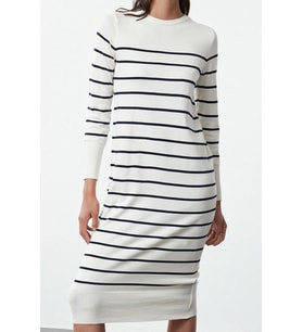 Moda Stil Regular Bisiklet Yaka Midi Boy Elbise Premium İplik Özel İplik Triko Basic Çizgili