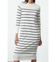 Moda Stil Regular Bisiklet Yaka Midi Boy Elbise Premium İplik Özel İplik Triko Basic Çizgili