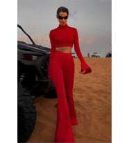 Neşeli butik kadın balıkçı crop ispanyol paça pantolon ikili takım NBDF166