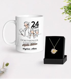 BK Gift Kişiye Özel Öğretmenler Günü Beyaz Kupa ve İsimli Papatya Kolye Hediye Seti- 17, Öğretmene Hediye, Öğretmenler Günü