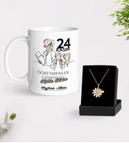 BK Gift Kişiye Özel Öğretmenler Günü Beyaz Kupa ve İsimli Papatya Kolye Hediye Seti- 17, Öğretmene Hediye, Öğretmenler Günü
