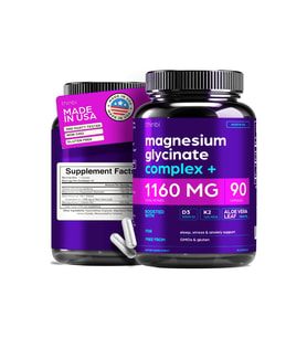 THİNBİ Magnesium Chelated Glycinate 1160mg + Aloe Vera, D3 K2 Complex 90 Capsules - High Absorption.