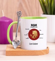 Kişiye Özel Başak Burcuna Hediye Ahşap Altlıklı Yeşil Kupa Bardak