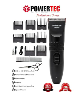 Powertec TR-9000 Kedi Köpek Tıraş Makinesi Seti Pet Evcil Hayvan Tüy Kesme (Makas ve Metal Tarak Hediyeli)