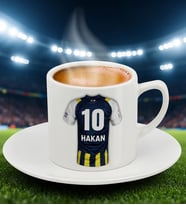 BK Gift Kişiye Özel Sarı Lacivert Taraftar Forma Numarası ve İsim Tasarımlı Türk Kahvesi Fincanı, Taraftar Hediyesi