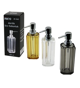 UZUN KARE TABAN -SEKİZGEN GÖVDE ŞEFFAF - RENKLİ AKRİLİK - MİKA KRİSTAL SIVI SABUNLUK 200ML (5668)