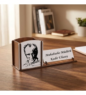 Atatürk Silüetli Kişiye Özel Ahşap Masa İsimliği ve Kalemlik - Ofis ve Yeni İş Hediyesi