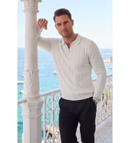 DeepSEA Erkek Slim Fit Dokulu Beyaz Triko Kazak – Fermuarlı Polo Yaka Likralı Esnek 2708505