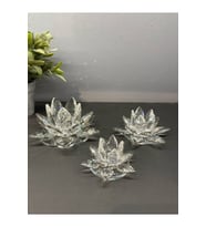 Dekoratif Kristal Cam Üçlü Lotus Mumluk Şeffaf Gümüş