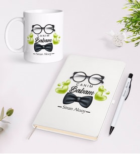 BK Gift Kişiye Özel Canım Babam Tasarımlı Beyaz Defter Kalem Kupa Seti - Model 5