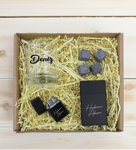 BK Gift Kişiye Özel İsimli Viski Kadehi&Viski Taşı&Çakmak&Sigara Kutusu Hediye Seti, Sevgiliye Hediye, Arkadaşa Hediye, Doğum Günü Hediyesi
