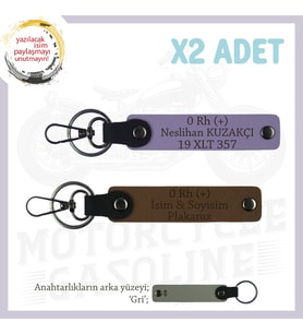 Motorcu Dostlara, İsim Plaka ve 0 Rh (+) Kan Grubu Yazılı Özel x2' li Anahtarlık Takım, Kahve-Mor-Gr (Çok Renkli)