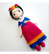 Elchandmade Amigurumi Örgü Kırmızı Pembe Elbiseli Frida Kahlo Bebek