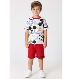 Erkek Çocuk Ayıcık Desen ve Renkli Yazılarla Penye T-Shirt Kırmızı Şortlu Takım