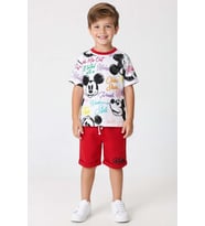 Erkek Çocuk Ayıcık Desen ve Renkli Yazılarla Penye T-Shirt Kırmızı Şortlu Takım