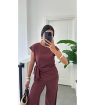 Kadın Sienna Bordo Bağlama Detaylı Krinkıl Kumaş Bluz Pantolon Takım
