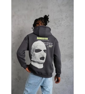 Erkek Kordonlu Maske Baskılı Kapşonlu Sweat - Gri