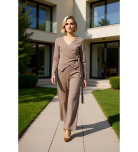 Kadın Alt Üst Kruvaze Yaka Aksesuar Detaylı Esnek Örme Uzun Kollu Üst Ve Geniş Paça Pantolon Takım (Vizon)