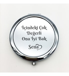 Kişiye Özel İsimli Söz Baskılı Daire Metal Ayna Çanta, Cep ve Makyaj Aynası (Gümüş)