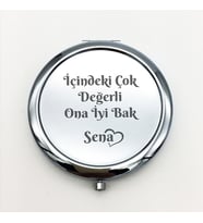 Kişiye Özel İsimli Söz Baskılı Daire Metal Ayna Çanta, Cep ve Makyaj Aynası (Gümüş)