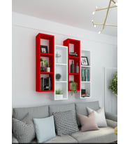 Kitaplık Modern Duvar Rafı Kırmızı Beyaz 4 Lü Takım (Kırmızı-Beyaz)