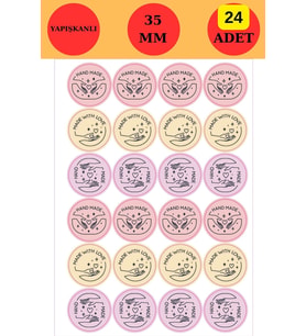 24 Adet - Pembe Sarı Mor Handmade Sticker - Paketleme Sticker - Hediye Sticker - Teşekkür Sticker