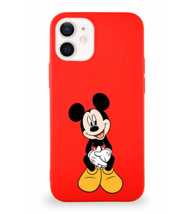 Apple iPhone 12 Soft Premier Kapak Mickey Mouse-A Tasarımlı Silikon Kılıf - Kırmızı (Şeffaf)