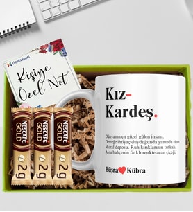 Kız Kardeş Temalı Kişiye Özel İsimli Kupa Bardak Nescafe Gold Kahve Hediye Seti