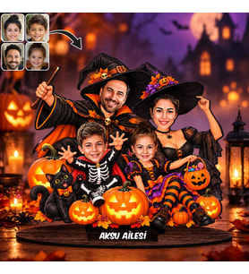 BK Gift Kişiye Özel Halloween Cadılar Bayramı Aile Karikatürlü MDF Masaüstü Biblo