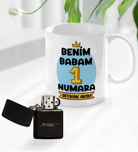 Bk Gift Kişiye Özel Babalar Günü Tasarımlı Kupa Bardak ve Benzinli Çakmak Seti-12, Babaya Hediye , Babalar Günü Hediyesi