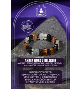Akrep Burcu Bileklik Ametist, Bordo Granat Lal, Golden Obsidyen, Kaplan Gözü, Labradorit, Sitrin