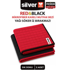 Premium Red & Black 2'li Kareli Mikrofiber Mutfak Bezi 40x40 cm Süper Emici Koku Yapmaz İz ve Tüy Bırakmaz