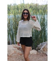 Krem Renk Ajurlu Triko Crop Kadın Bluz