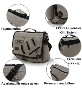 Cappadocia Vintage 4017 Haki 14" Laptop Kanvas Postacı Okul Çantası Unisex Kilitli Çok Cepli Omuz Askılı