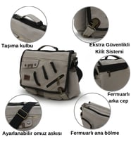 Cappadocia Vintage 4017 Haki 14" Laptop Kanvas Postacı Okul Çantası Unisex Kilitli Çok Cepli Omuz Askılı