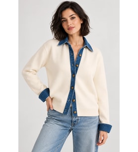 Kadın Denim Detaylı Düğmeli Triko Hırka - Gömlek Yakalı-Ekru