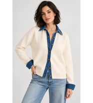 Kadın Denim Detaylı Düğmeli Triko Hırka - Gömlek Yakalı-Ekru