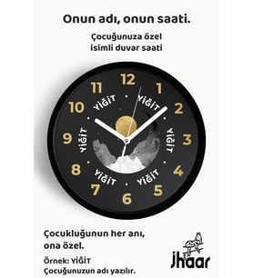 İsme Özel Soyut Gece Görüşü Çocuk Odası Duvar Saati Orta Boy 30 cm Siyah Camlı Sessiz
