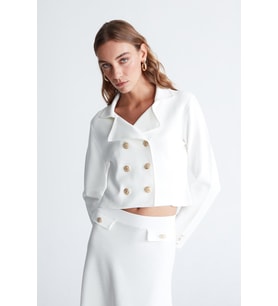 Styleboom X Peraluna KATHY BLAZER Çelik Örgü Crop Kruvaze Blazer Kadın Triko Ceket - Ekru