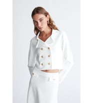Styleboom X Peraluna KATHY BLAZER Çelik Örgü Crop Kruvaze Blazer Kadın Triko Ceket - Ekru