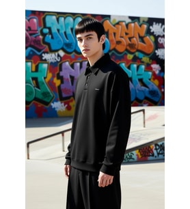 Erkek Polo Yaka Dokulu Oversize Sweatshirt Uzun Kol Fonksiyonel Dayanıklı Kaliteli Estetik