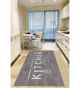 Gri Kaymaz Taban Yıkanan Kitchen Yazılı Mutfak Halısı AR793