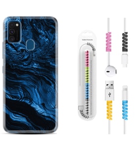 Samsung M21 M22 M23 M30 M31S M32 Kılıf Kablo Koruma Spiral Silikon Blue MArble 1379