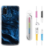 Samsung M21 M22 M23 M30 M31S M32 Kılıf Kablo Koruma Spiral Silikon Blue MArble 1379