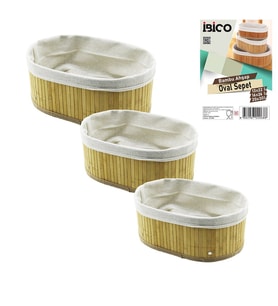 3 BOY OVAL BAMBU KENAR ORGANİZER SEPET AHŞAP ALTLIK - BEZLİ 13X22-16X26-20X30CM (5343)