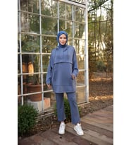 Kapşonlu Kanguru Cepli Sweat-Pantolon İkili Eşofman Spor Takımı - (38-46) - 71214 - İndigo