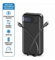 20000mAh 22.5W Hızlı Şarj Powerbank Dahili Kablolu Dijital Göstergeli Taşınabilir Harici Batarya